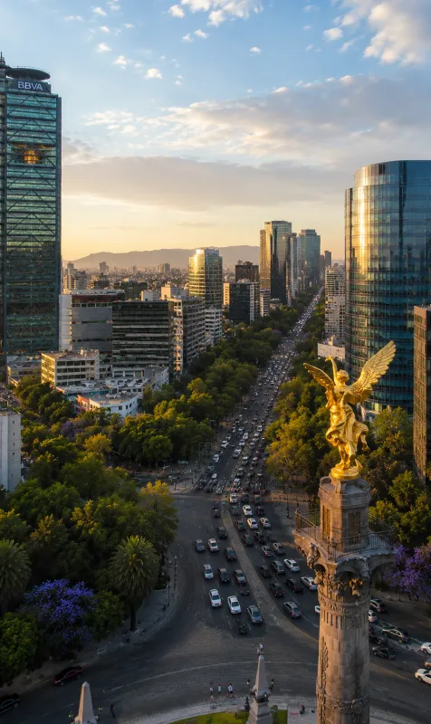 Panor&aacute;mica de avenida urbana con edificios y la estatua dorada del &Aacute;ngel.