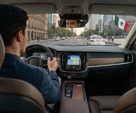 Conductor manejando un auto con GPS en la ciudad.