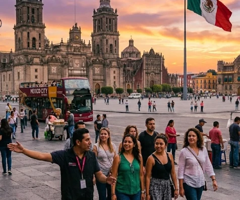 Turistas posan frente a la Catedral Metropolitana y el Z&oacute;calo en M&eacute;xico City