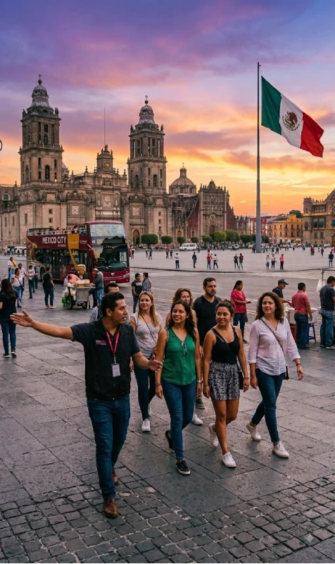 Turistas caminan frente a la Catedral Metropolitana y la bandera mexicana, CDMX.