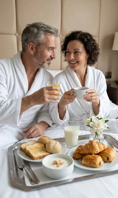 Pareja desayunando en bata, tomando caf&eacute; y jugo en mesa con croissants