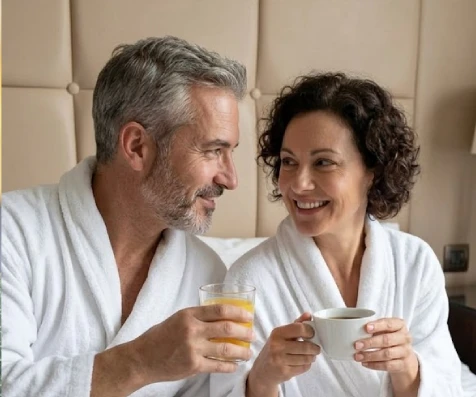 Pareja en bata de ba&ntilde;o tomando caf&eacute; en casa, sonriendo juntos