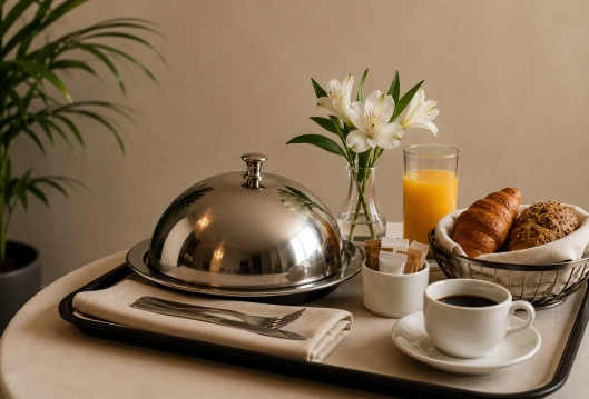 Desayuno con flores, bandeja y jugo, pan y tazas sobre mesa.