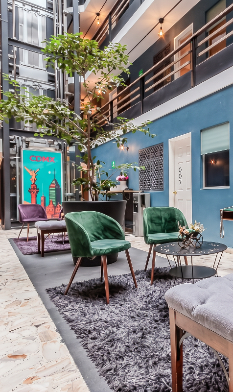 Patio interior con sillas verdes, alfombra gris y &aacute;rbol con luces en CDMX