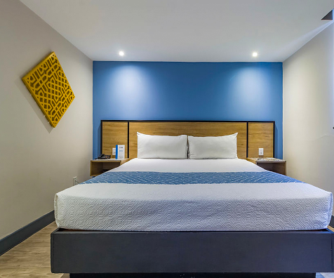 Habitaci&oacute;n de hotel con cama y pared azul y cabecero de madera