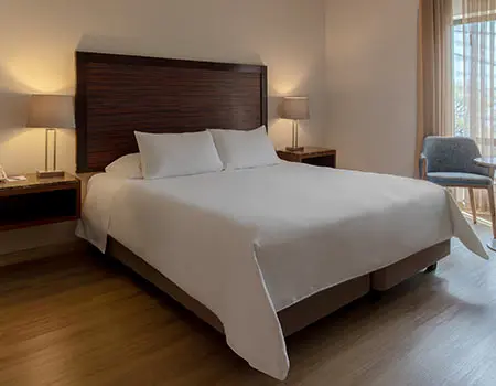 Habitaci&oacute;n de hotel con cama doble, l&aacute;mparas y silla junto a la ventana