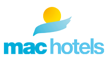 Logo de mac hotels con figura de persona y una ola azul