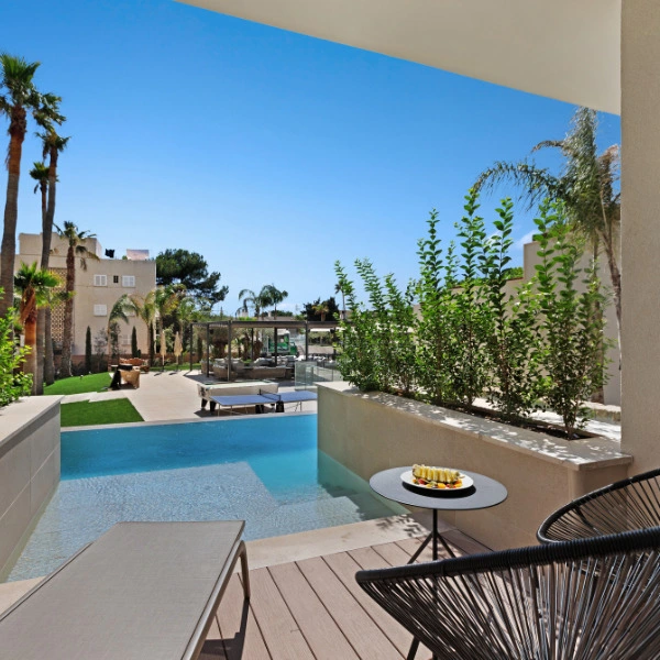 Piscina con tumbonas, mesa con snacks y jardines junto a palmeras.