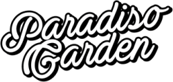 Logo &ldquo;Paradiso Garden&rdquo; en tipograf&iacute;a blanca sobre fondo negro