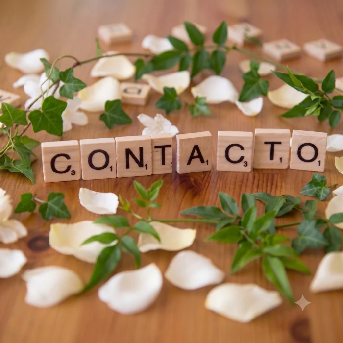 Palabras &ldquo;CONTACTO&rdquo; con letras de madera entre hojas y p&eacute;talos blancos