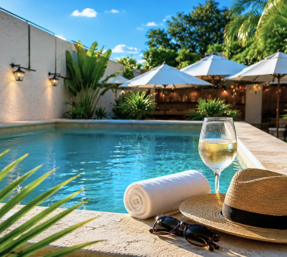 Piscina con vista a sombrillas, plantas y copa de vino junto a toalla enrollada
