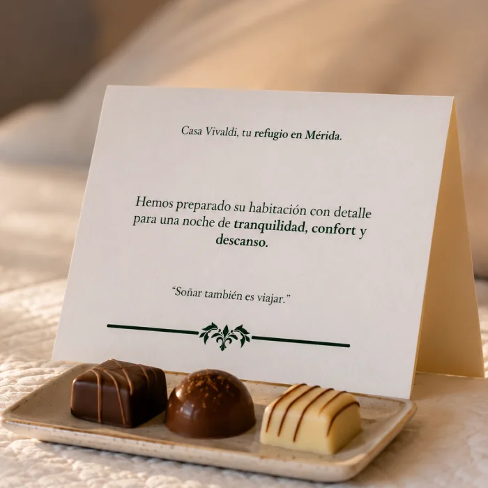 Tarjeta de bienvenida: &ldquo;Casa Vivaldi&hellip; habitaci&oacute;n con tranquilidad&rdquo; y chocolates.