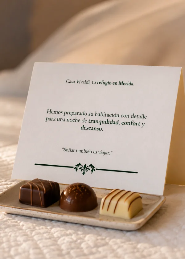 Tarjeta y chocolates en bandeja, con mensaje &ldquo;Casa Vivaldi, tu refugio en M&eacute;rida&rdquo;.