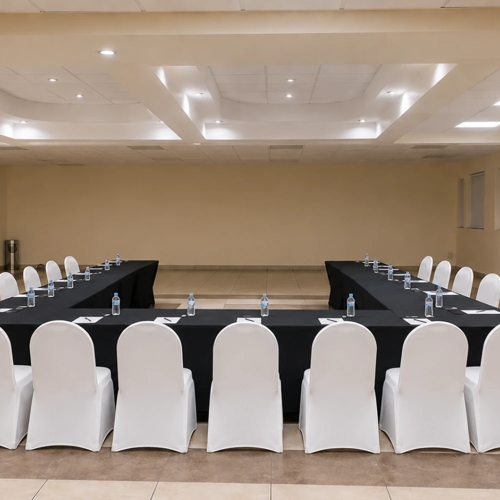Sala de reuniones con mesas negras, sillas blancas y agua en botellas.