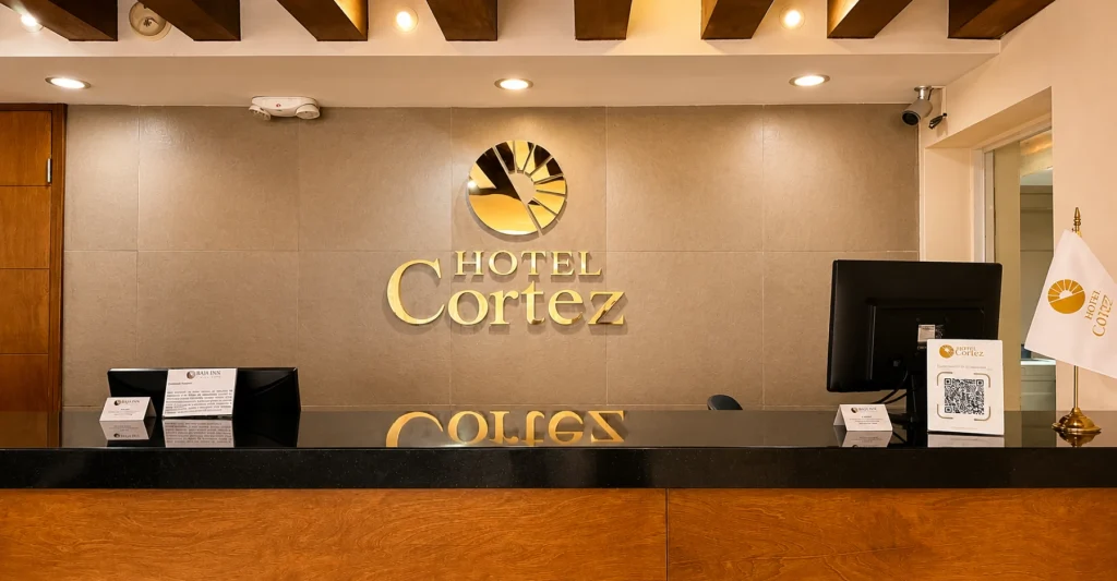 Recepci&oacute;n del Hotel Cortez con letrero dorado y mostrador, iluminaci&oacute;n c&aacute;lida.