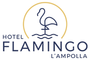 Logo de hotel Flamingo con ilustraci&oacute;n de flamenco sobre fondo oscuro