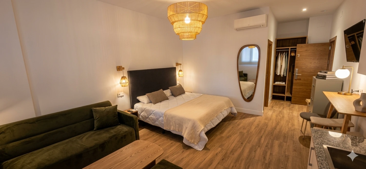Dormitorio moderno con cama, sof&aacute; verde, l&aacute;mparas colgantes y zona de escritorio