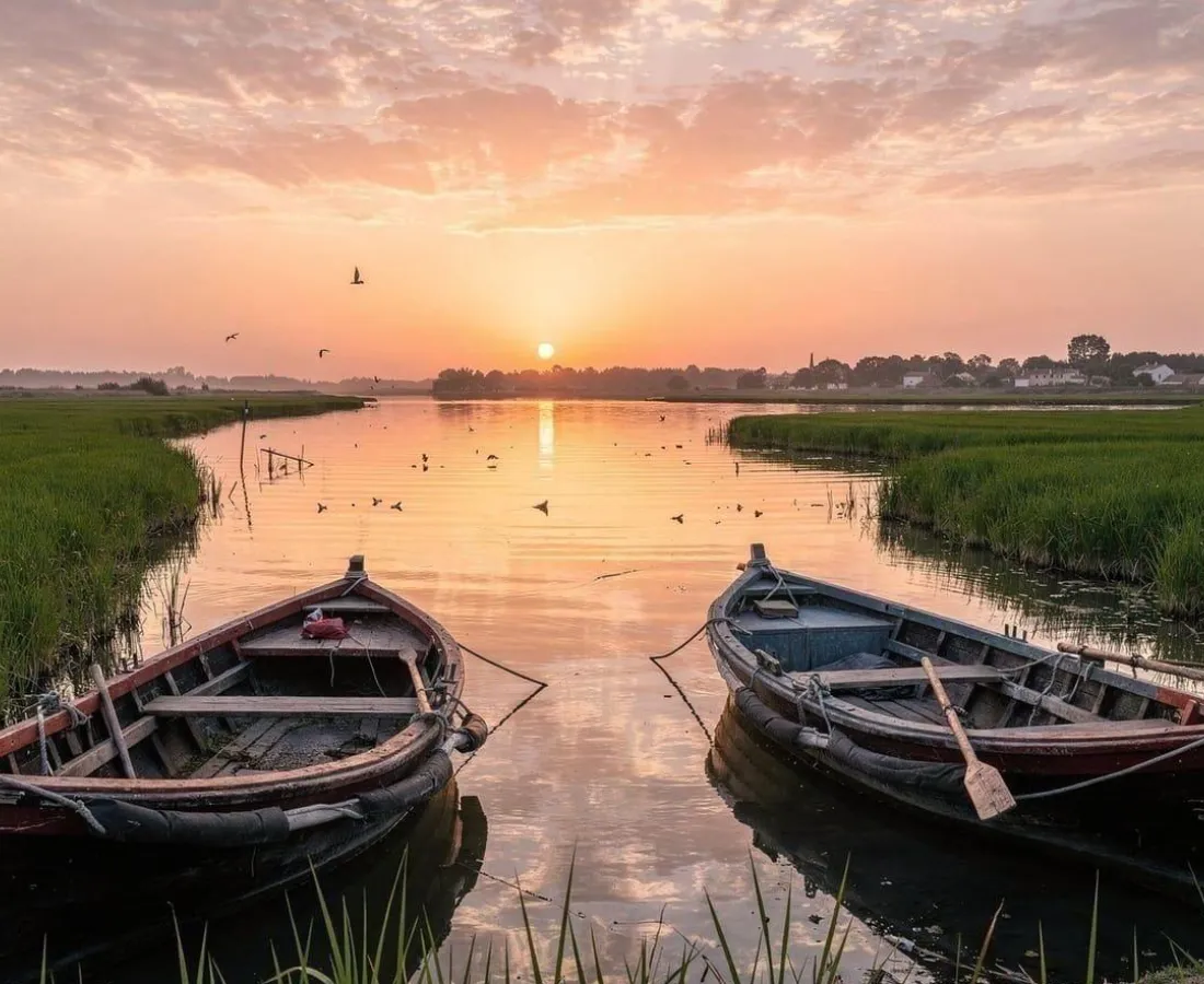 Botes de pesca en un r&iacute;o al atardecer con aves y reflejos dorados