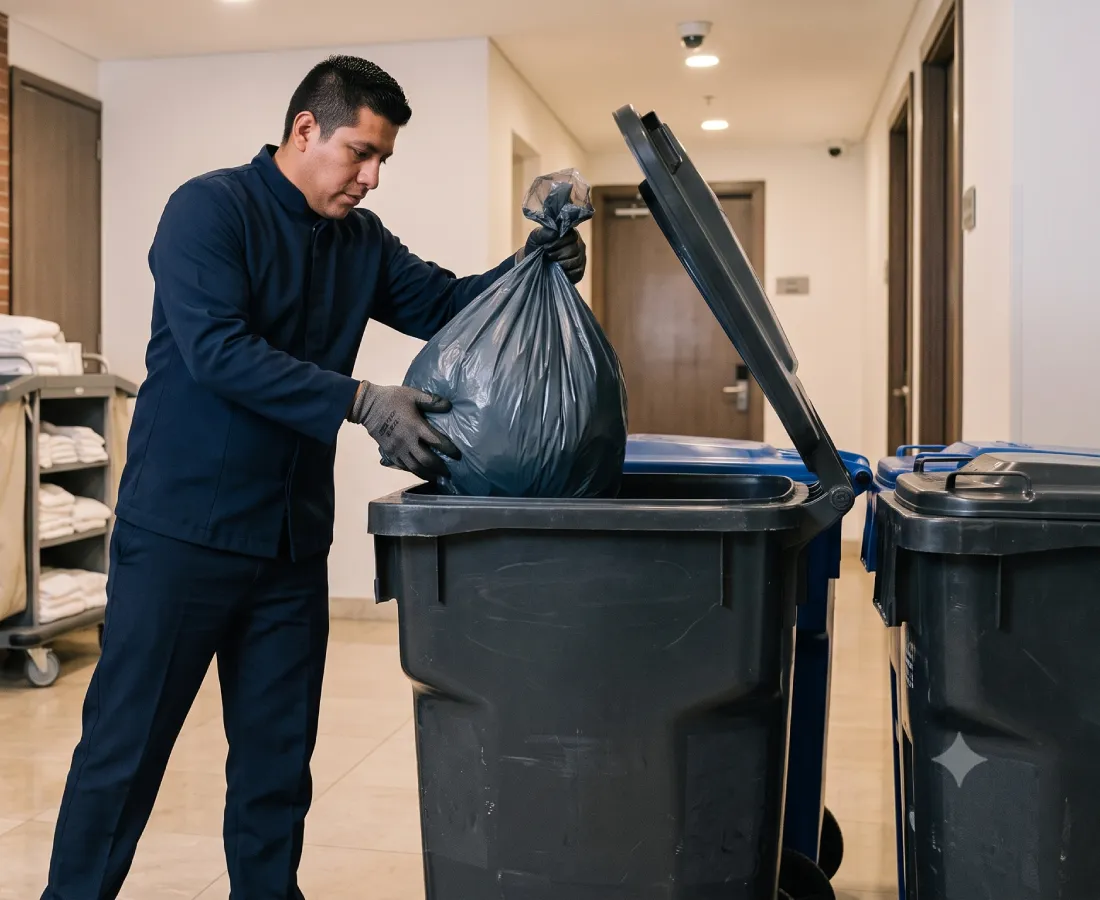 Trabajador en pasillo de hotel coloca bolsas de basura en contenedor