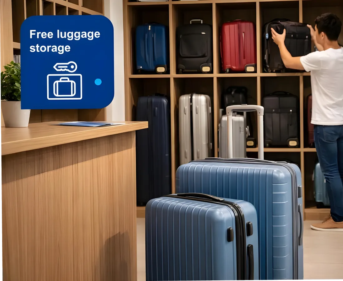 Hombre en recepci&oacute;n toma una maleta; letrero &ldquo;Free luggage storage&rdquo;.
