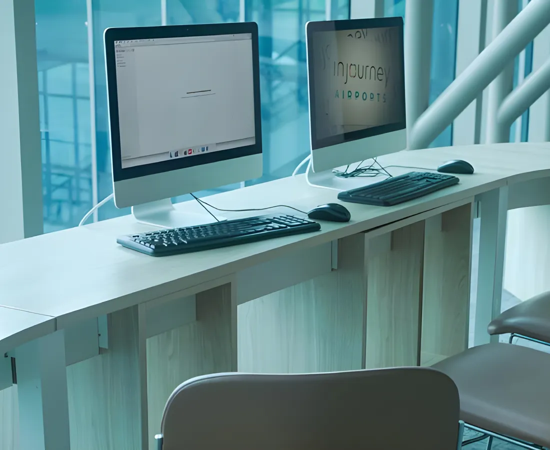 Dos monitores y teclados en un escritorio de oficina con ambiente azul.