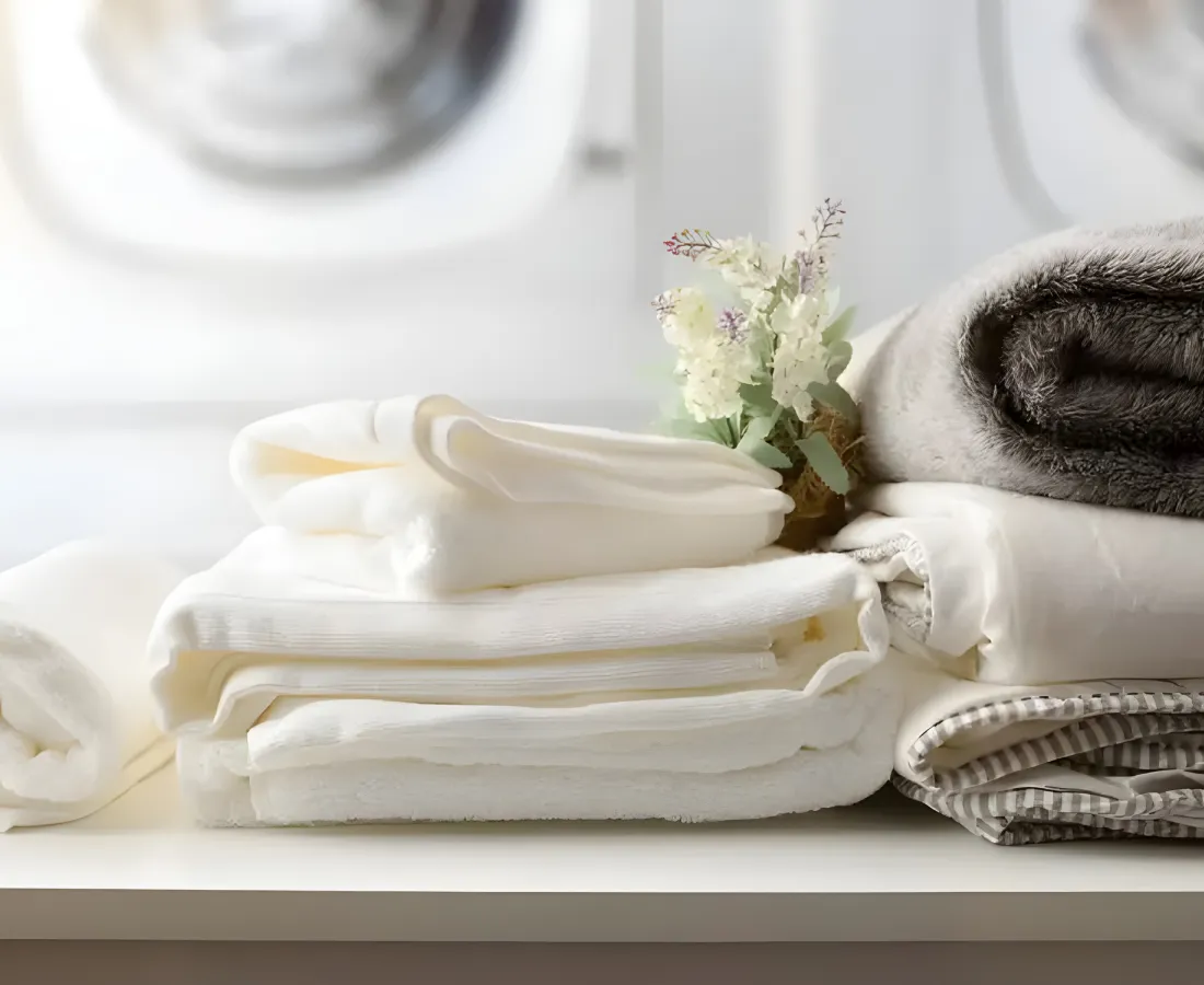 Cama blanca con frazada doblada y ramo de flores sobre un sof&aacute; gris claro