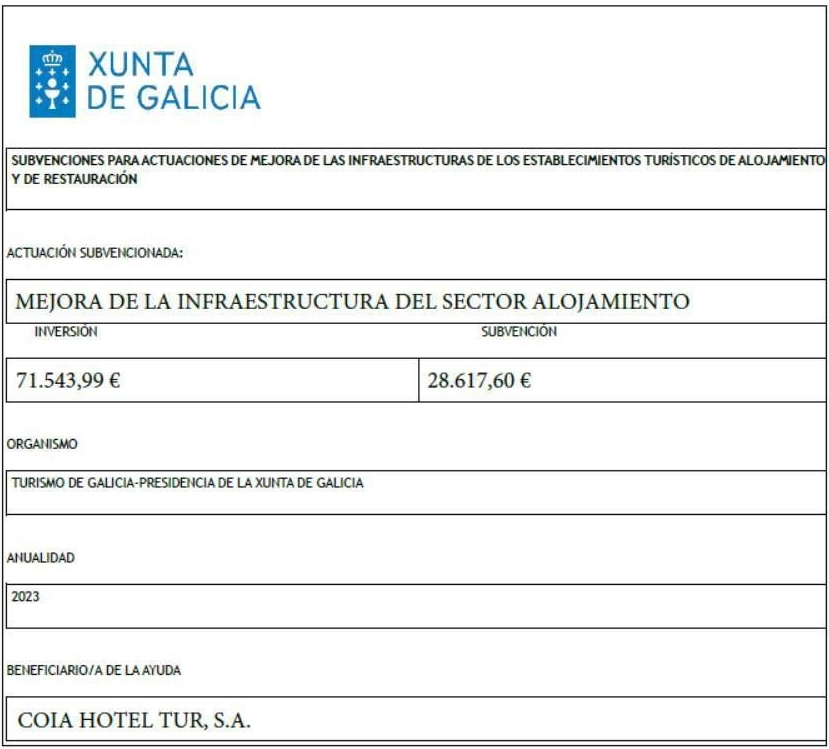 Documento de subvenci&oacute;n Xunta de Galicia para mejora de infraestructura de alojamiento