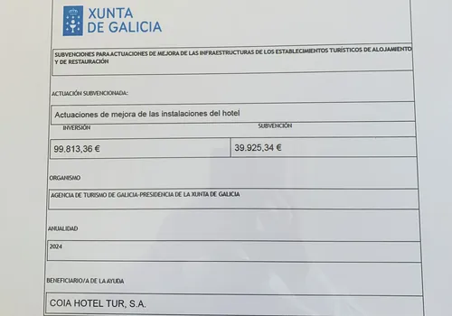 Subvenci&oacute;n Xunta de Galicia: mejora instalaciones hotel, 2024 (COIA Hotel Tur)