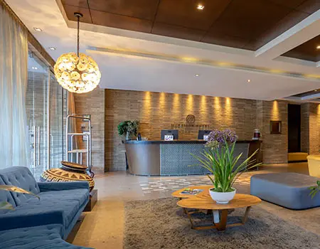 Lobby moderno con recepci&oacute;n, sof&aacute;s y mesa con planta decorativa.