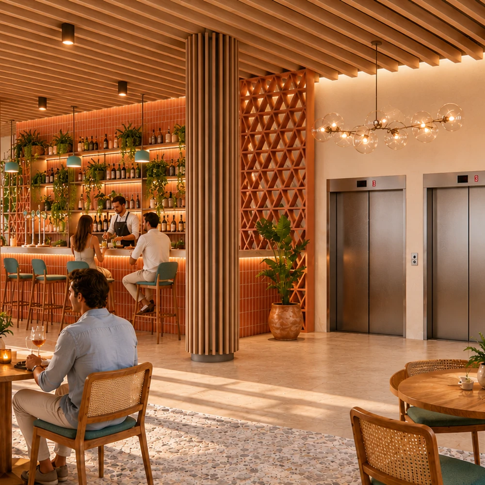 Interior de bar moderno con iluminaci&oacute;n c&aacute;lida, barra y mesas con clientes