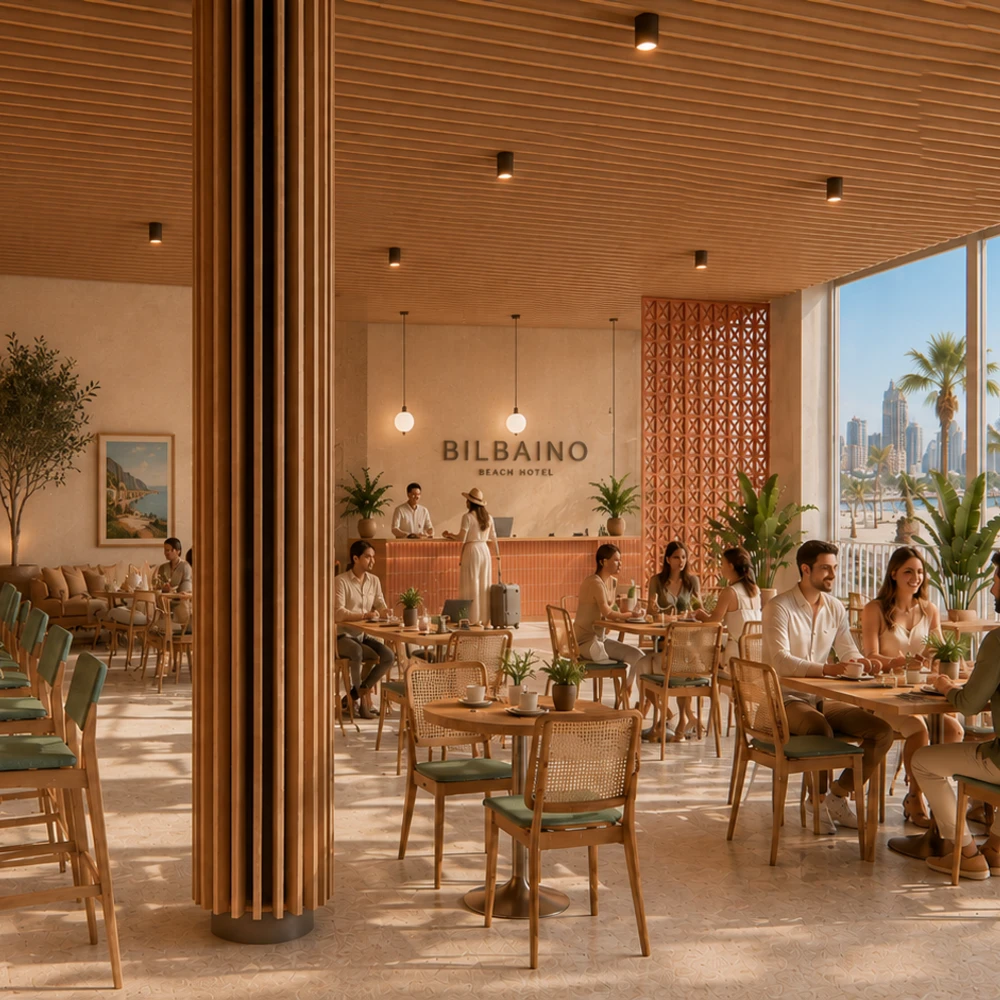 Recepci&oacute;n del hotel BILBAINO Beach con sala y palmeras, con hu&eacute;spedes y personal