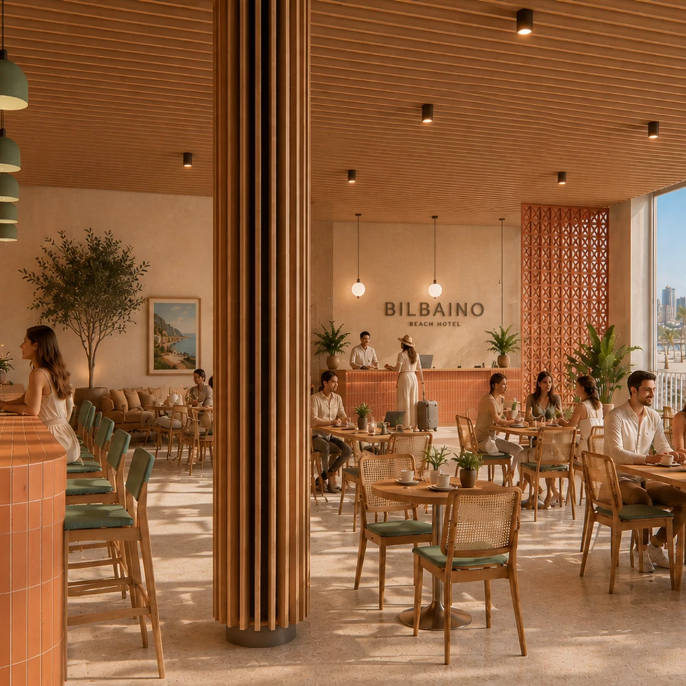 Recepci&oacute;n de hotel con mesas, hu&eacute;spedes y letrero &ldquo;BILBAINO&rdquo;.