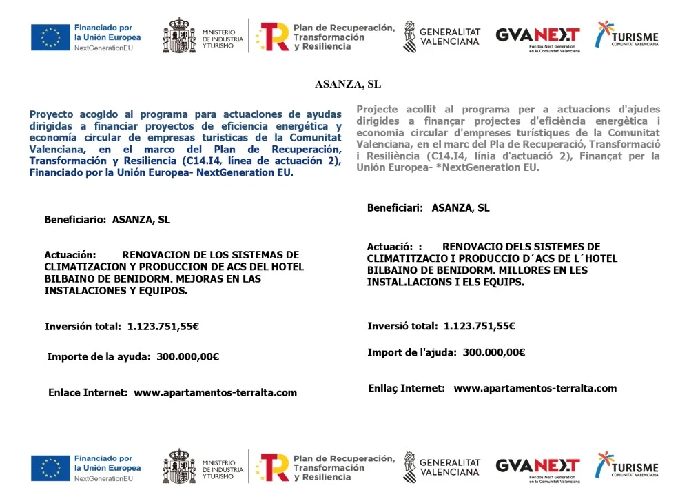 Cartel de ayudas europeas: ASANZA, SL, renovaci&oacute;n sistemas climatizaci&oacute;n hotel BIBA&Iacute;NO