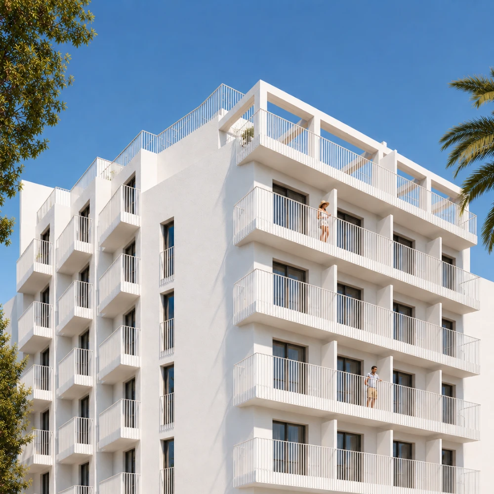 Edificio hotelero blanco con balcones y personas en el balc&oacute;n, cielo azul
