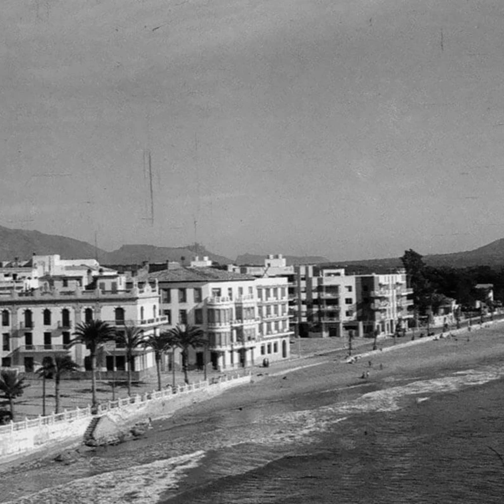 Vista de un hotel blanco y palmeras junto a la playa, en blanco y negro.