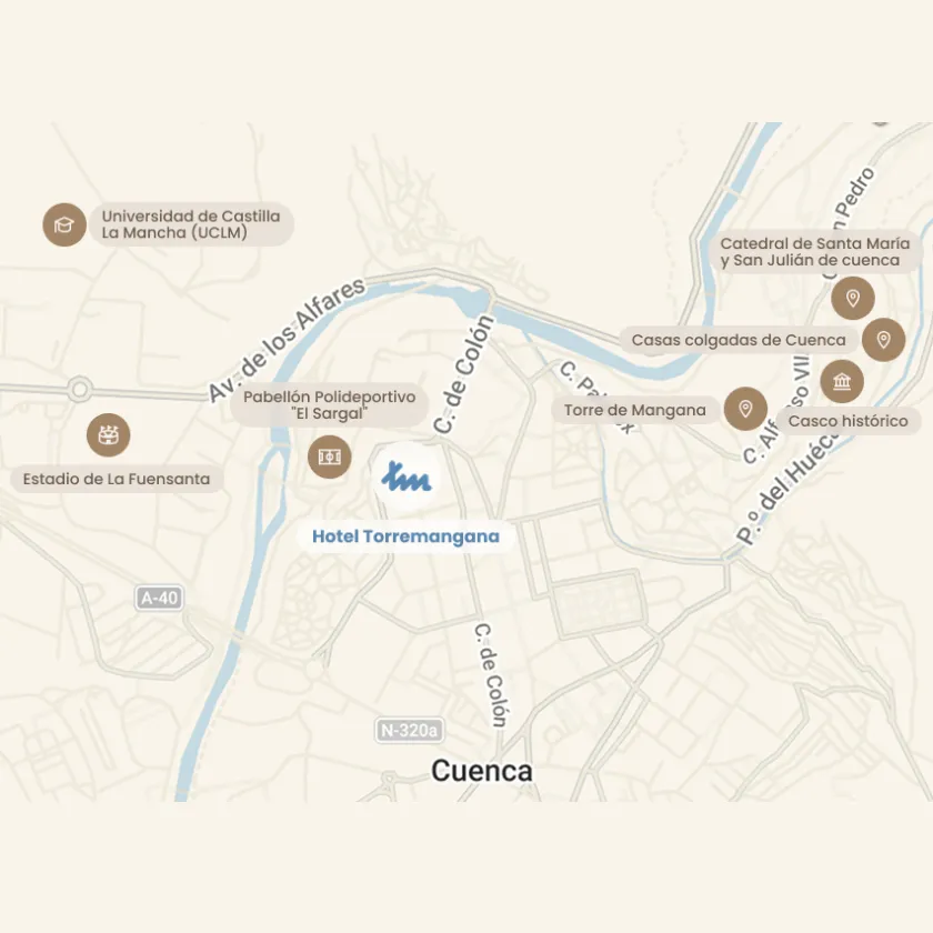 Mapa de Cuenca con puntos tur&iacute;sticos: Catedral, Casas colgadas y Torre de Mangana