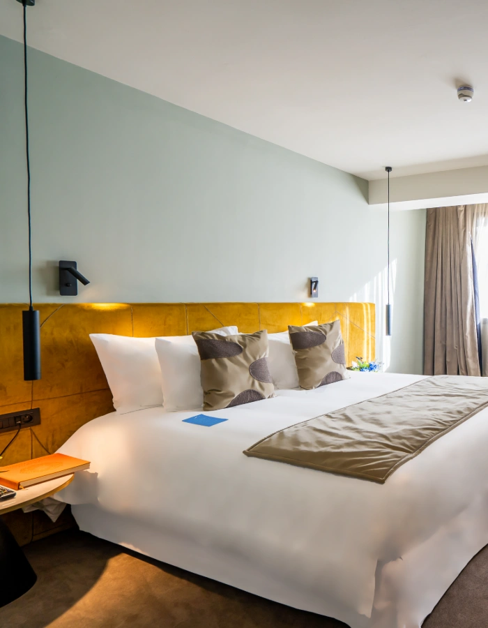 Habitaci&oacute;n de hotel moderna con cama doble, cojines y cortinas.