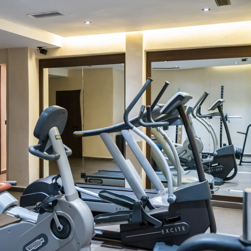 Gimnasio con m&aacute;quinas el&iacute;pticas y pesas en un sal&oacute;n moderno.