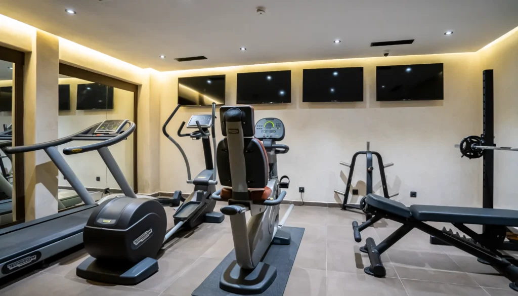 Gimnasio interior con m&aacute;quinas cardiovasculares y luces LED en el techo.
