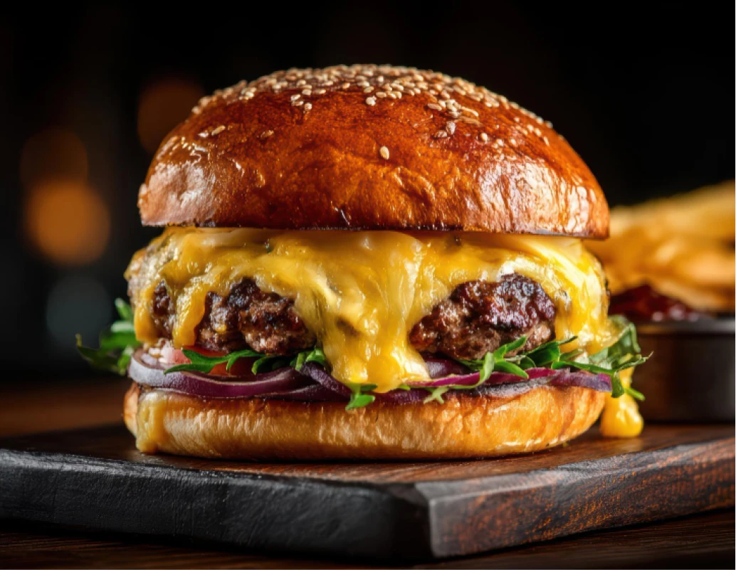Hamburguesa de carne con queso fundido, cebolla morada y r&uacute;cula sobre tabla.