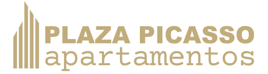 Logo &ldquo;Plaza Picasso&rdquo; con el texto &ldquo;Apartamentos&rdquo; en letras doradas