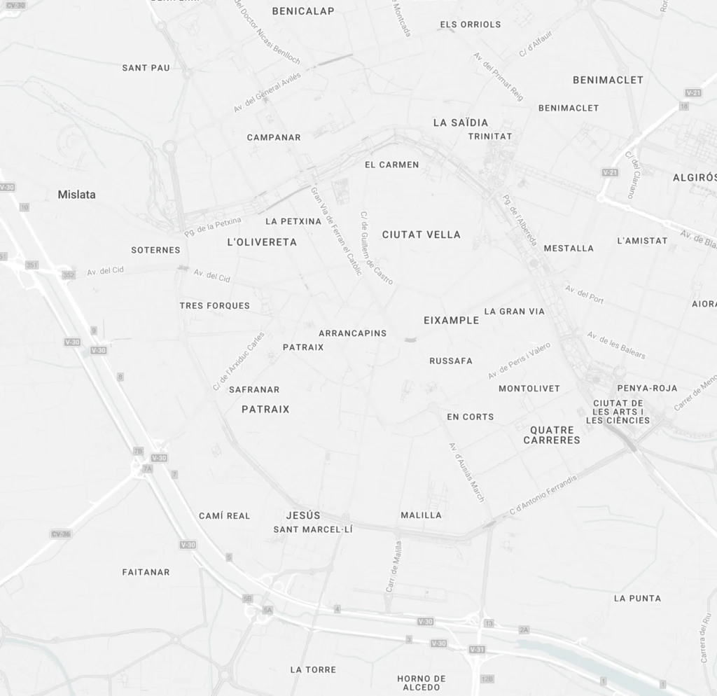 Mapa de Val&egrave;ncia con barrios y calles se&ntilde;aladas, como Benimaclet y Campanar.
