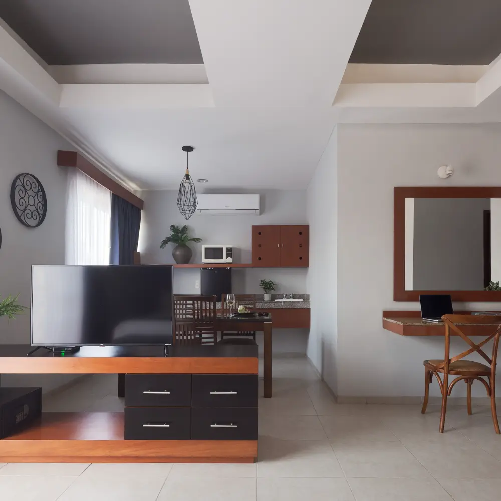 Sala moderna con TV, muebles de madera, cocina integrada y l&aacute;mpara colgante