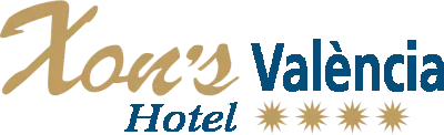 Logo &ldquo;Hotel Astoria Valencia&rdquo; con estrellas doradas y azules.
