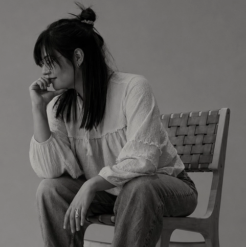 Black-and-white portrait of a woman sitting on a chair, looking away.