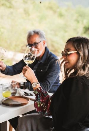 Elder man and woman clink wine glasses outdoors at a picnic table
