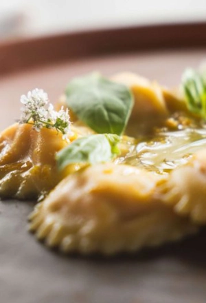 Close-up of ravioli with herbs and olive oil on a plate