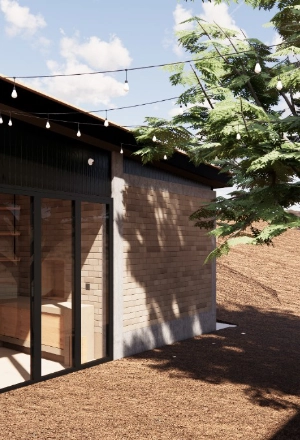 Outdoor patio with string lights and a tree casting shadows on walls