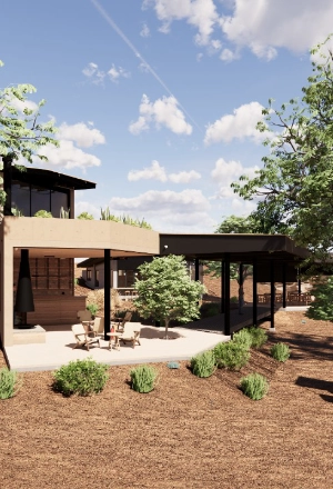 Sunny backyard with modern house patio, plants, and chairs under blue sky