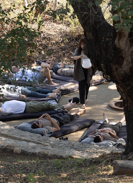 Outdoor yoga class on mats beside a large tree, people stretching.